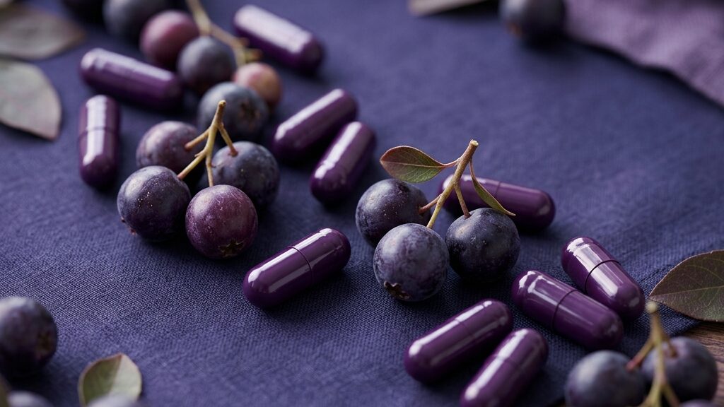 Maqui berry capsules and deep purple vegan capsules on a dark purple fabric background