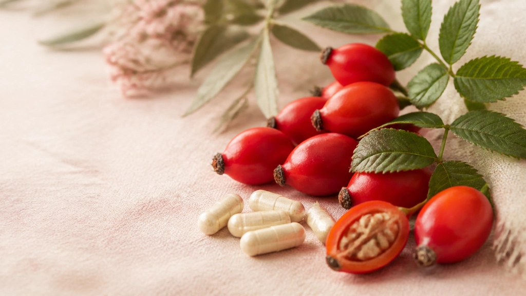Rose hip capsules, green leaves and ivory vegan capsules on warm linen